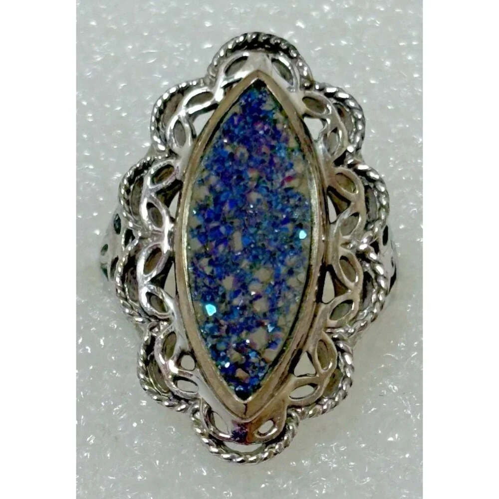 Ring Sterling Silver Drusy Peacock Quartz Ring - Size 6